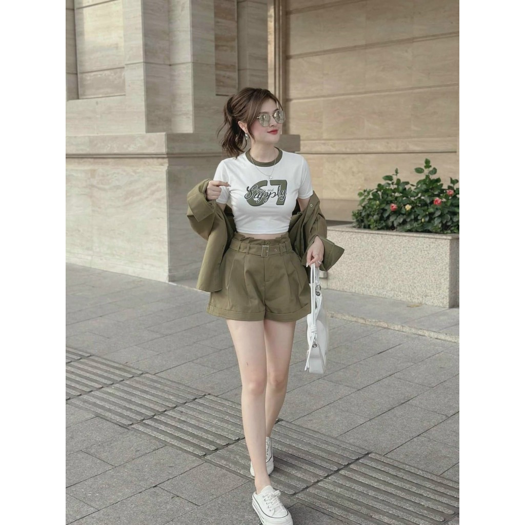 Set bộ 3 món - Set thời trang nữ đi chơi Set đùi 3 món áo thun trắng in kèm 67 khoác rêu+ Quần short kèm nịt năng động