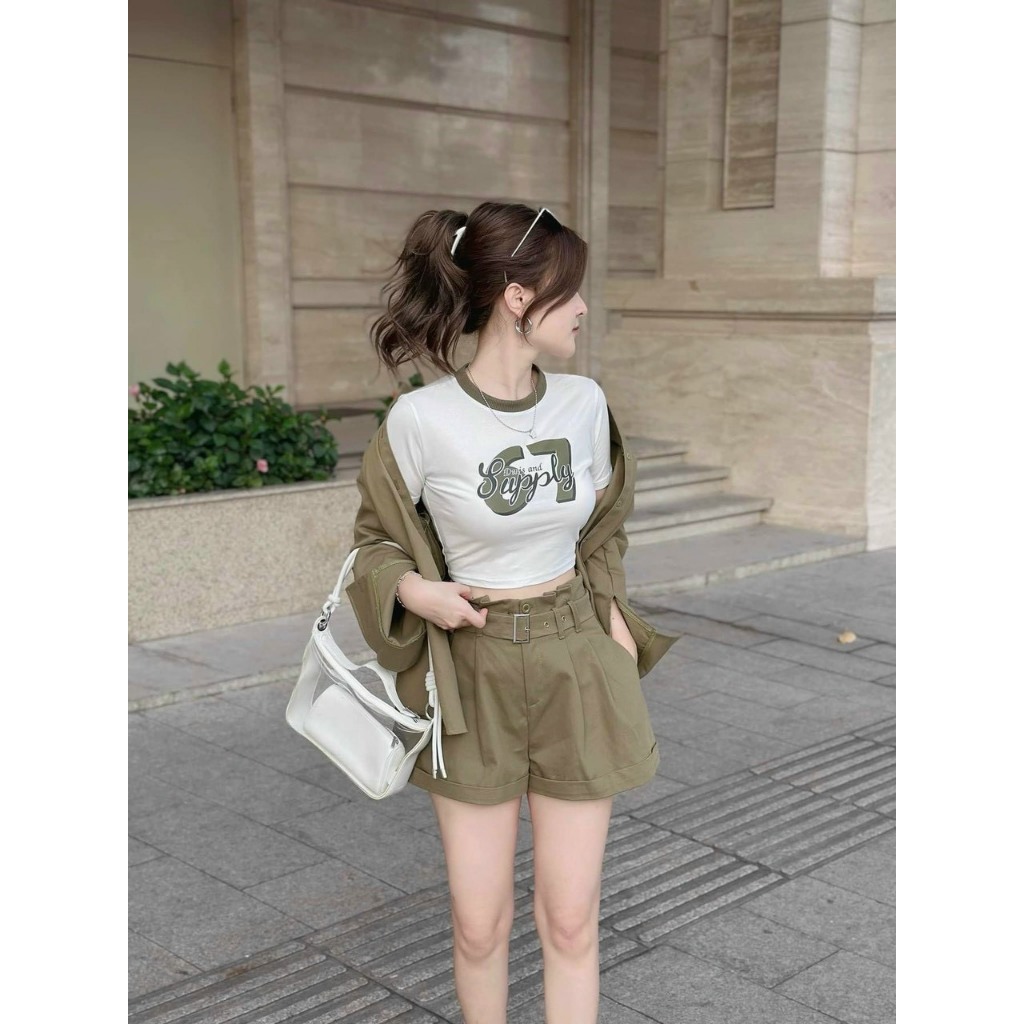 Set bộ 3 món - Set thời trang nữ đi chơi Set đùi 3 món áo thun trắng in kèm 67 khoác rêu+ Quần short kèm nịt năng động