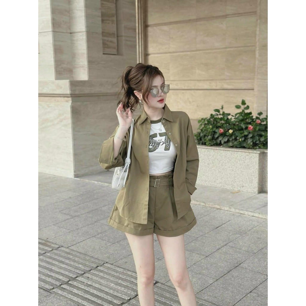 Set bộ 3 món - Set thời trang nữ đi chơi Set đùi 3 món áo thun trắng in kèm 67 khoác rêu+ Quần short kèm nịt năng động