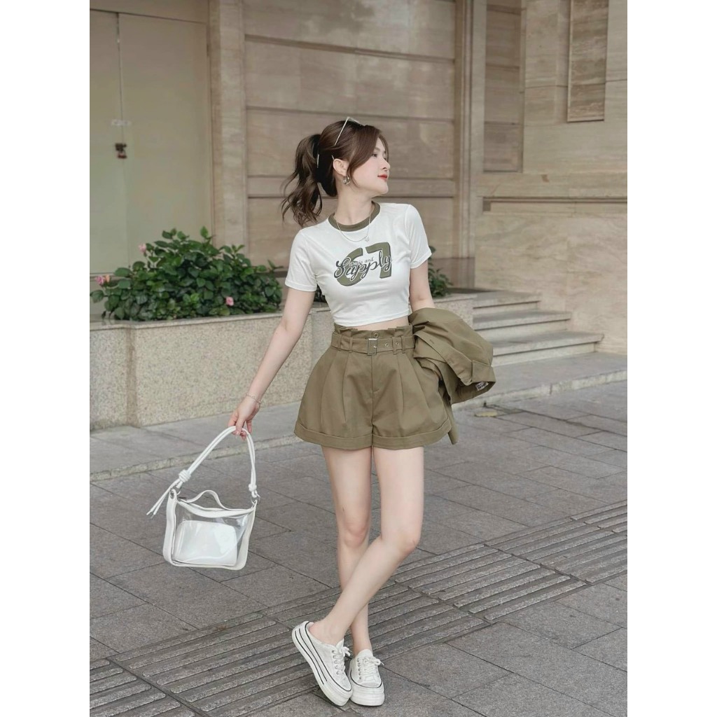 Set bộ 3 món - Set thời trang nữ đi chơi Set đùi 3 món áo thun trắng in kèm 67 khoác rêu+ Quần short kèm nịt năng động