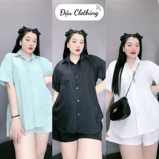 Set đồ Bigsize nữ gồm áo sơ mi tay lỡ kiểu ulzzang kèm quần short cap chun SET902