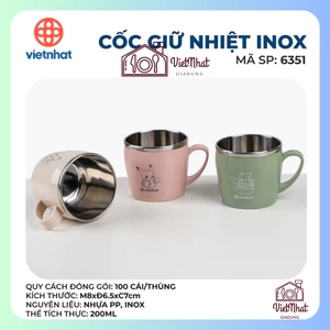 Cốc inox giữ nhiệt 6351, Cốc inox giữ nhiệt 200ml, Cốc uống nước cách nhiệt an toàn, Cốc tập uống cho bé Việt Nhật