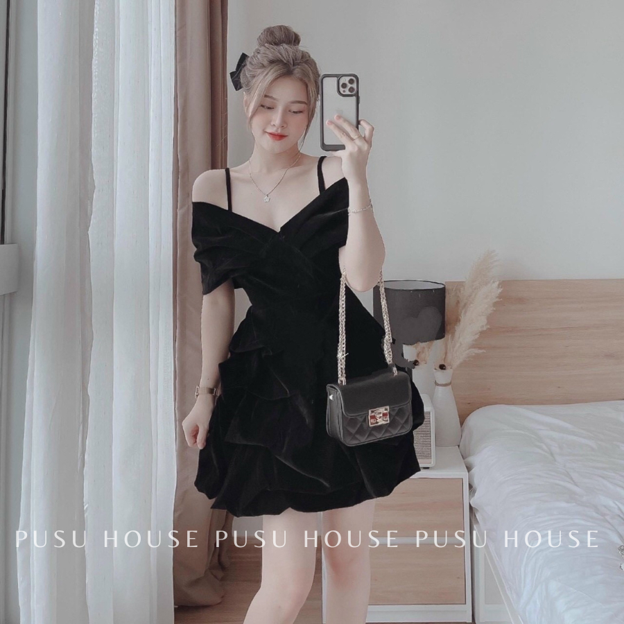 [ HÌNH CHỤP THẬT 100%]Đầm tiểu thư nhung trễ vai dáng nhún đi tiệc dạo phố chất nhung 2 lớp