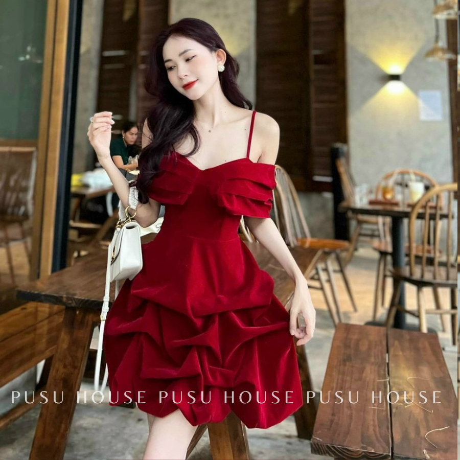 [ HÌNH CHỤP THẬT 100%]Đầm tiểu thư nhung trễ vai dáng nhún đi tiệc dạo phố chất nhung 2 lớp
