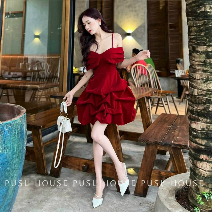 [ HÌNH CHỤP THẬT 100%]Đầm tiểu thư nhung trễ vai dáng nhún đi tiệc dạo phố chất nhung 2 lớp