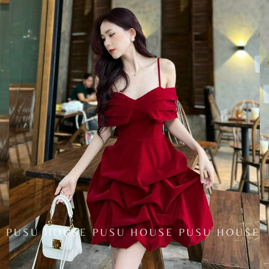 [ HÌNH CHỤP THẬT 100%]Đầm tiểu thư nhung trễ vai dáng nhún đi tiệc dạo phố chất nhung 2 lớp