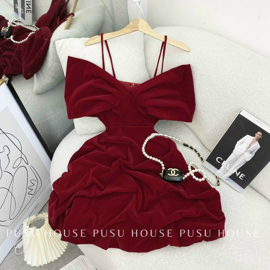 [ HÌNH CHỤP THẬT 100%]Đầm tiểu thư nhung trễ vai dáng nhún đi tiệc dạo phố chất nhung 2 lớp