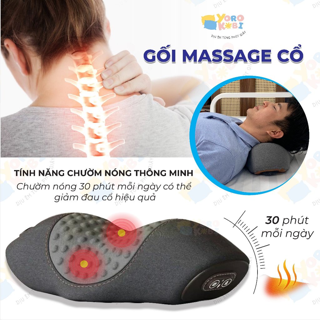 Gối massage cổ vai gáy Yorokobi với 2 chế độ massage, trườm nóng, giảm đau mỏi cổ vai gáy