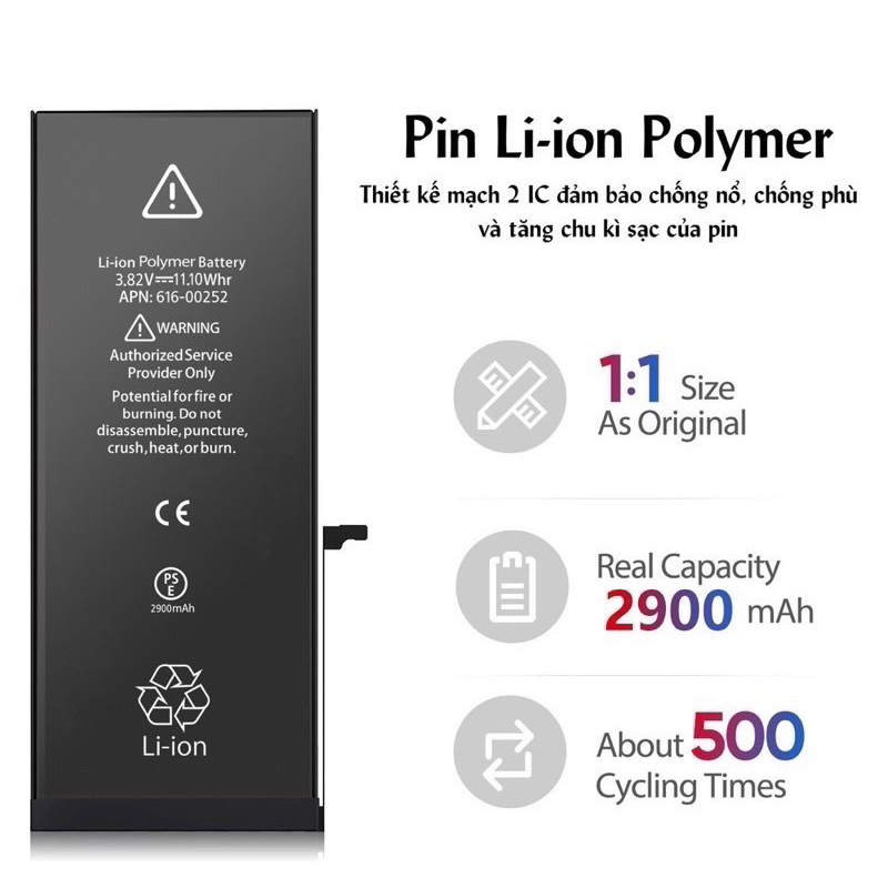 Pin EU Cho IP 5S/6G/6S/6P/6SP/7G/7P/8G/8P/X/XS/XR/XSM/11/12/13/14/15 Mới 1 đổi 1 trong 15 ngày