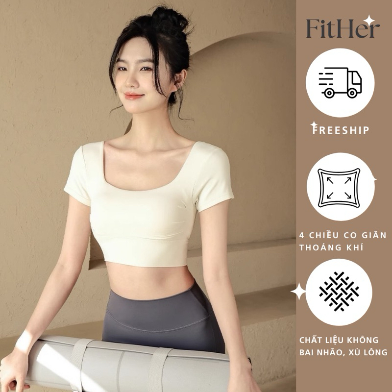 Áo Crop Top Tập Yoga Pilates Fit Her Tay Ngắn Hở Lưng Có Đệm Tháo Rời Được Dành Cho Nữ