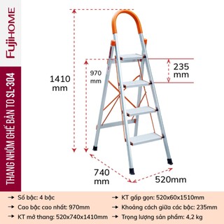 Thang ghế nhôm tay vịn chữ A bản to 3 - 4 - 5 bậc từ 1,2M - 1,65M xếp gọn Nhập Khẩu FUJIHOME