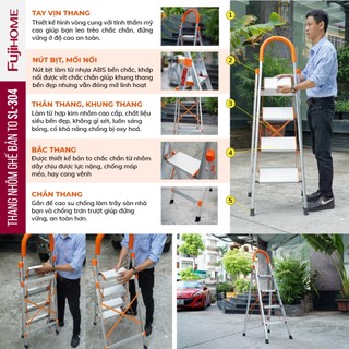 Thang ghế nhôm tay vịn chữ A bản to 3 - 4 - 5 bậc từ 1,2M - 1,65M xếp gọn Nhập Khẩu FUJIHOME
