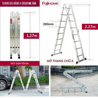 Thang nhôm 4,4 mét gấp 4 đoạn Nhập Khẩu siêu đa năng FUJIHOME, thang gia đình chữ M tiện dụng