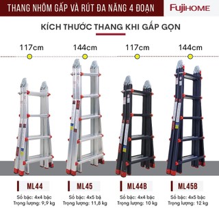 Thang nhôm gấp trượt 4 mét nhập khẩu FUJIHOME ML44 xếp chữ A to, nhỏ, Chữ I nhỉ I lớn