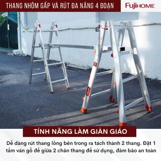Thang nhôm gấp trượt 4 mét nhập khẩu FUJIHOME ML44 xếp chữ A to, nhỏ, Chữ I nhỉ I lớn