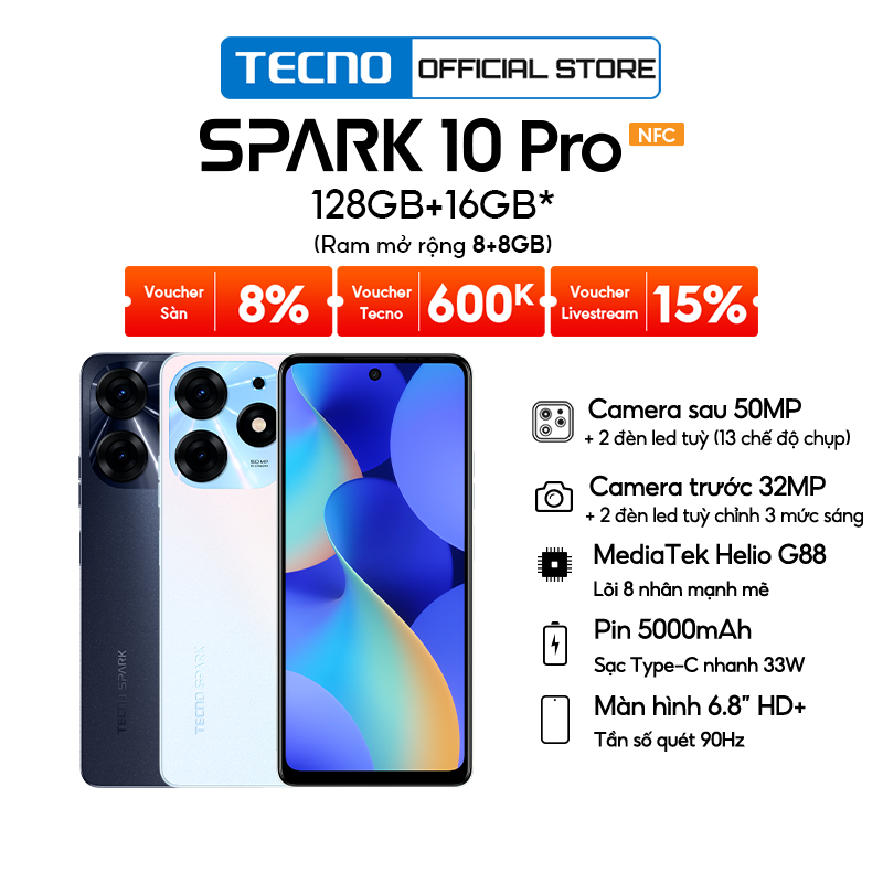 Điện thoại Tecno SPARK 10 Pro 8GB/128GB - Helio G88 | 5000 mAh | Sạc ...