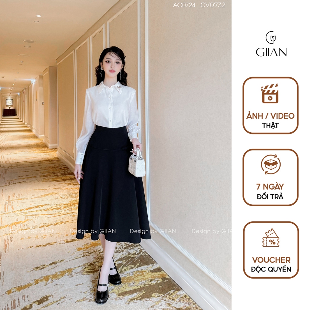 Chân váy dài Giian dáng xòe đen basic công sở thiết kế đường can ly ...