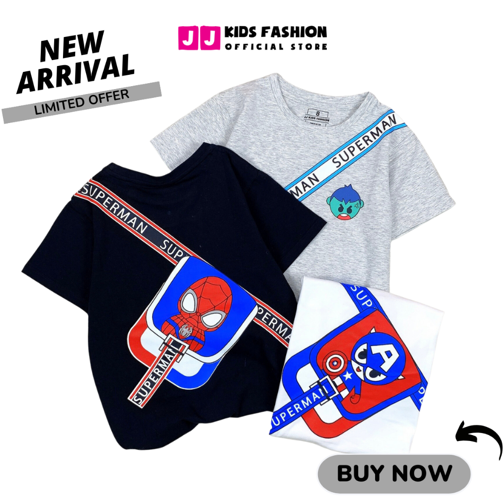 Áo thun ngắn tay mùa hè cho bé trai, bé gái cổ tròn in hình siêu Anh Hùng dễ thương JJ Kids Fashion