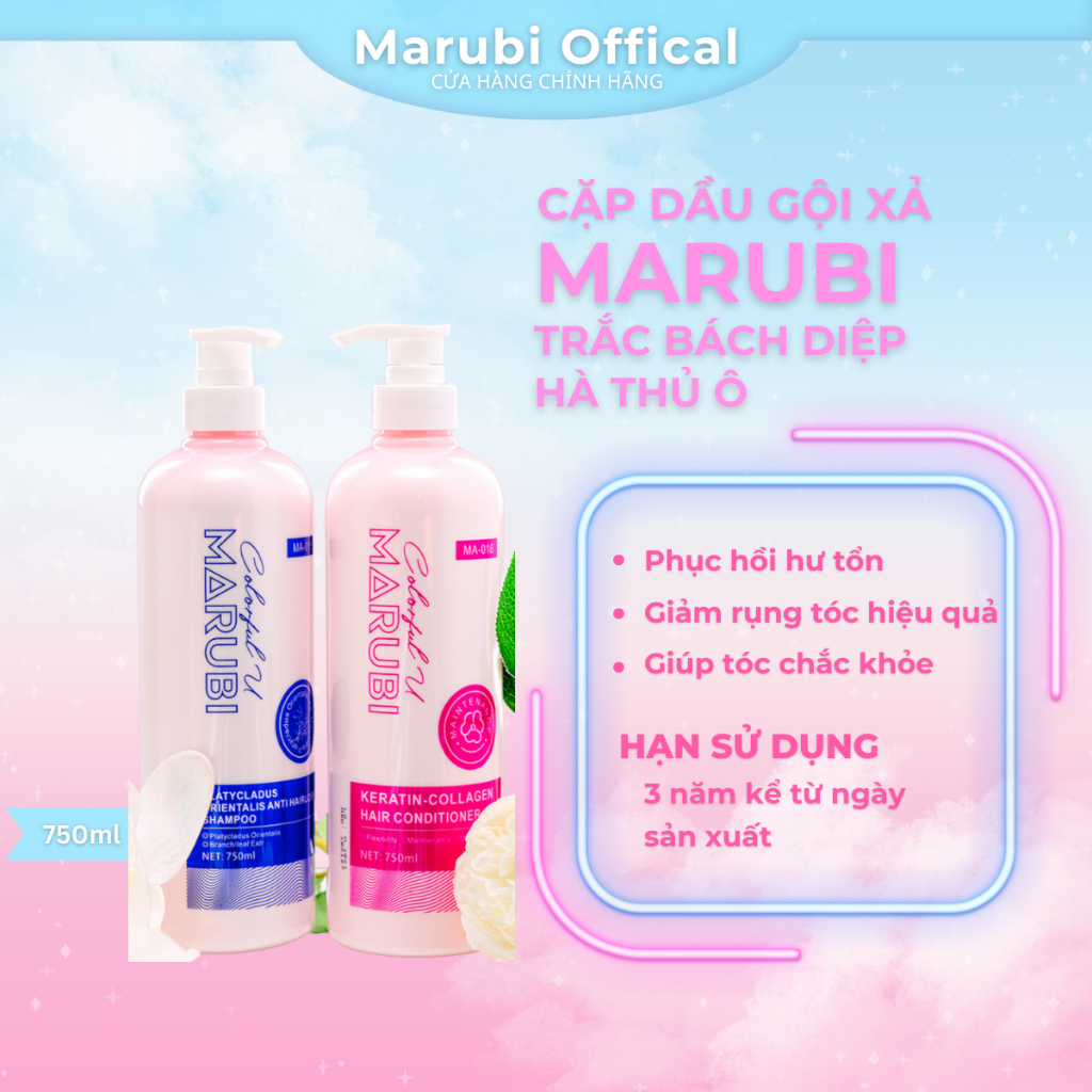 Cặp Dầu Gội Xả Trắc Bách Diệp Hà Thủ Ô Marubi 750ml giảm rụng tóc