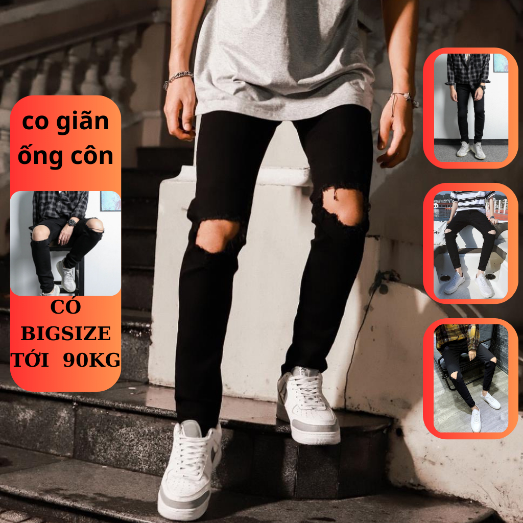 Quần Jeans Skinny Đen Rách To Ngang Gối,quần bò xanh rách gối nam dáng slim fit co giãn có BIGSIZE