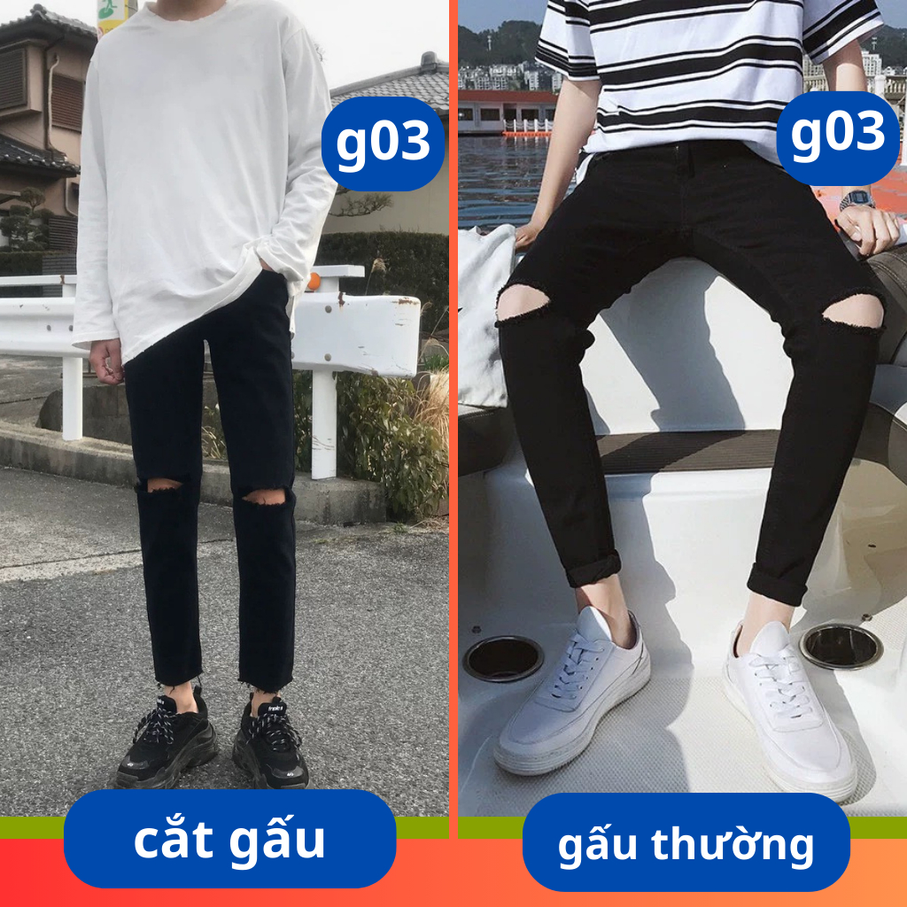 Quần Jeans Skinny Đen Rách To Ngang Gối,quần bò xanh rách gối nam dáng slim fit co giãn có BIGSIZE