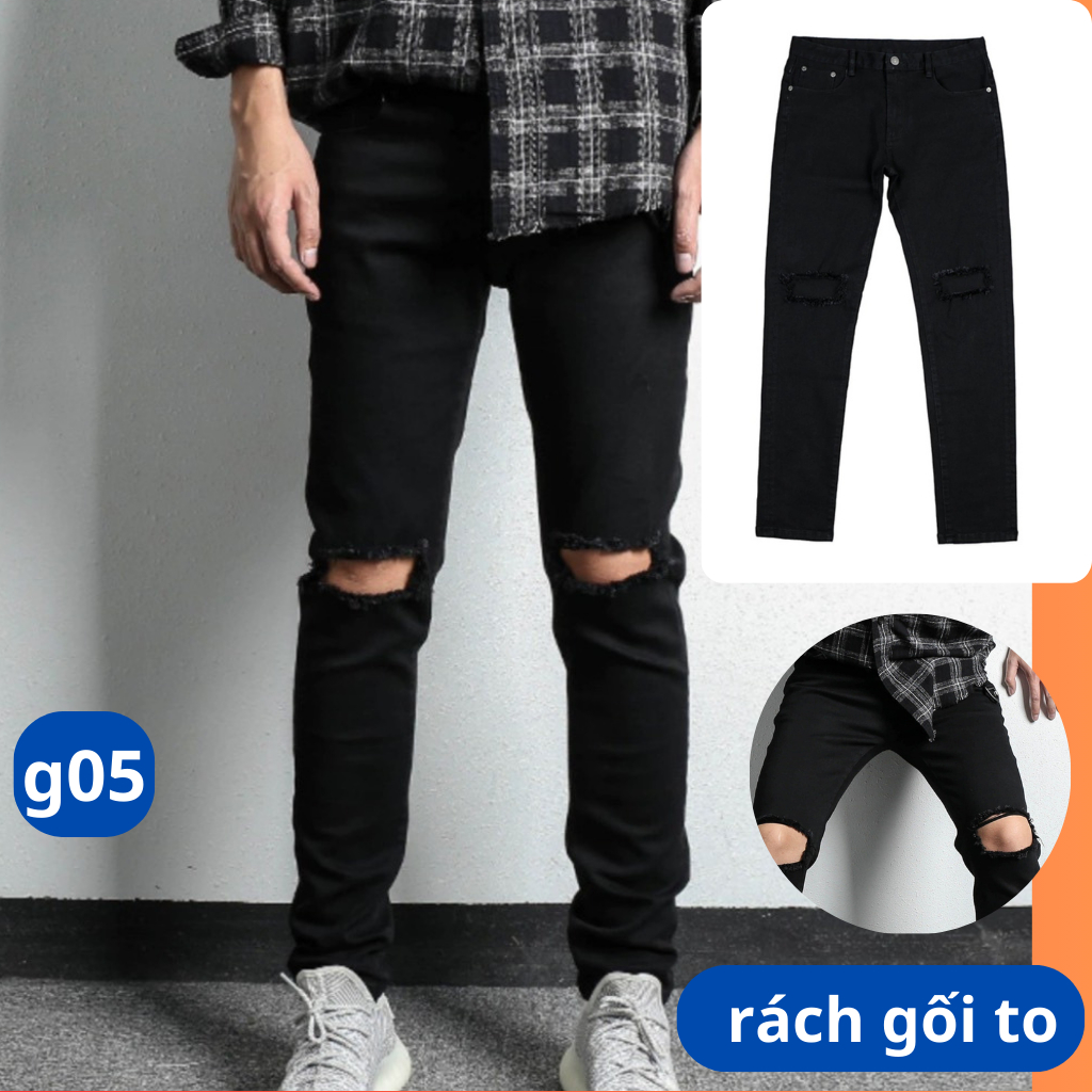 Quần Jeans Skinny Đen Rách To Ngang Gối,quần bò xanh rách gối nam dáng slim fit co giãn có BIGSIZE