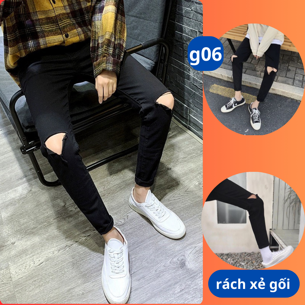 Quần Jeans Skinny Đen Rách To Ngang Gối,quần bò xanh rách gối nam dáng slim fit co giãn có BIGSIZE