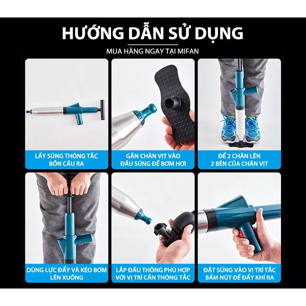 Súng thông tắc cống bồn cầu, nhà tắm đa năng 4in1 tự động có đồng hồ đo áp suất hơi khí nén 8kg cực mạnh hiệu quả cao