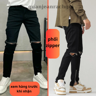 Quần Jean Nam Màu Đen Khóa Gối Khóa khóa gấu Form Ôm – Form Slim Fit, Chất Jean Dày Đẹp