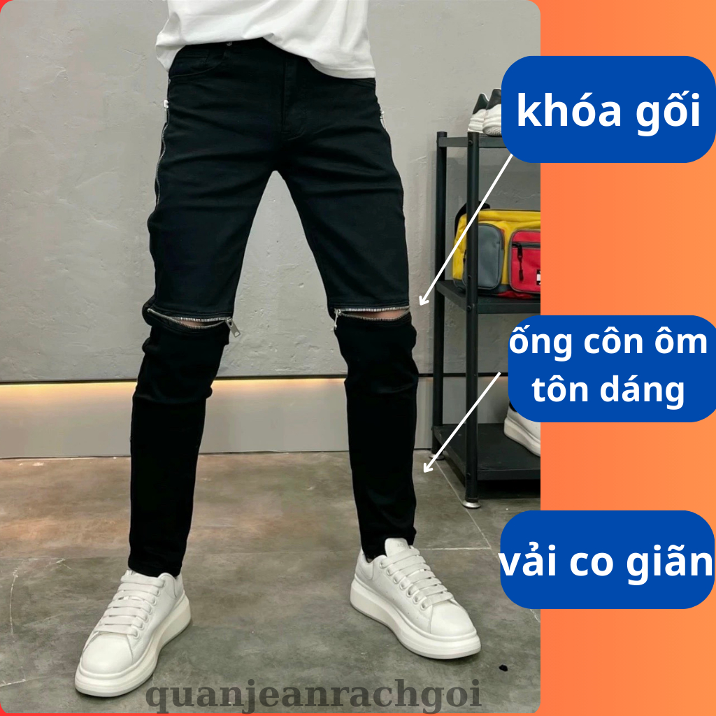Quần Jean Nam Màu Đen Khóa Gối Khóa khóa gấu Form Ôm – Form Slim Fit, Chất Jean Dày Đẹp