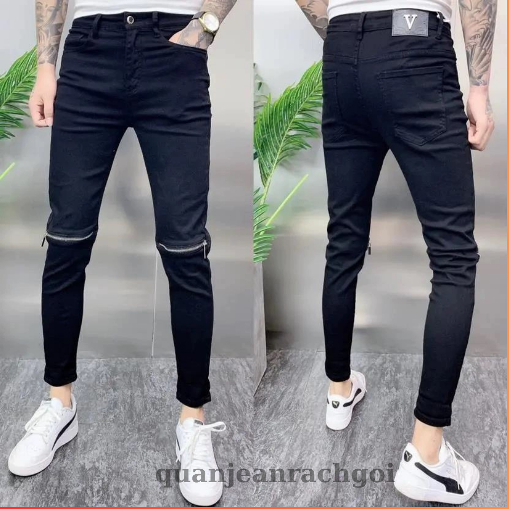 Quần Jean Nam Màu Đen Khóa Gối Khóa khóa gấu Form Ôm – Form Slim Fit, Chất Jean Dày Đẹp