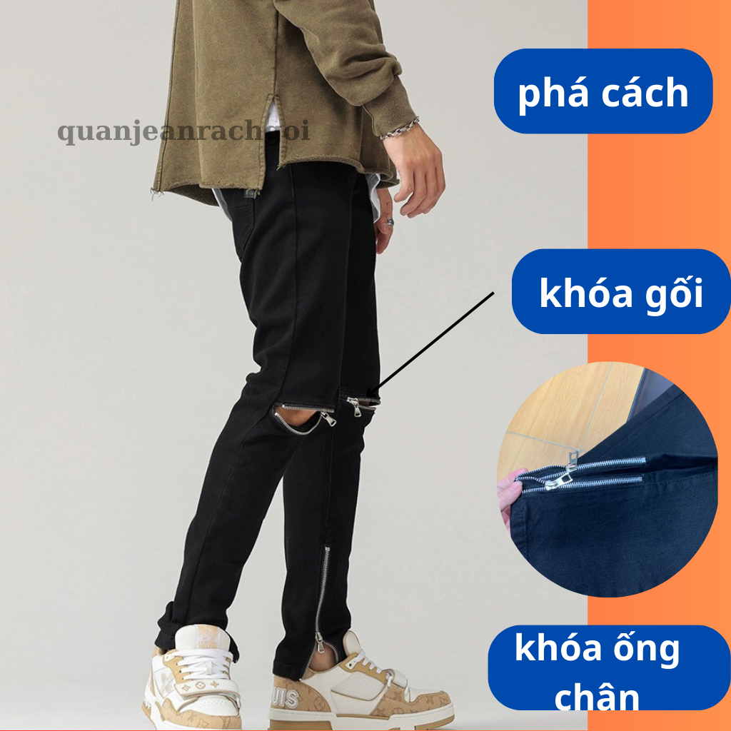 Quần Jean Nam Màu Đen Khóa Gối Khóa khóa gấu Form Ôm – Form Slim Fit, Chất Jean Dày Đẹp