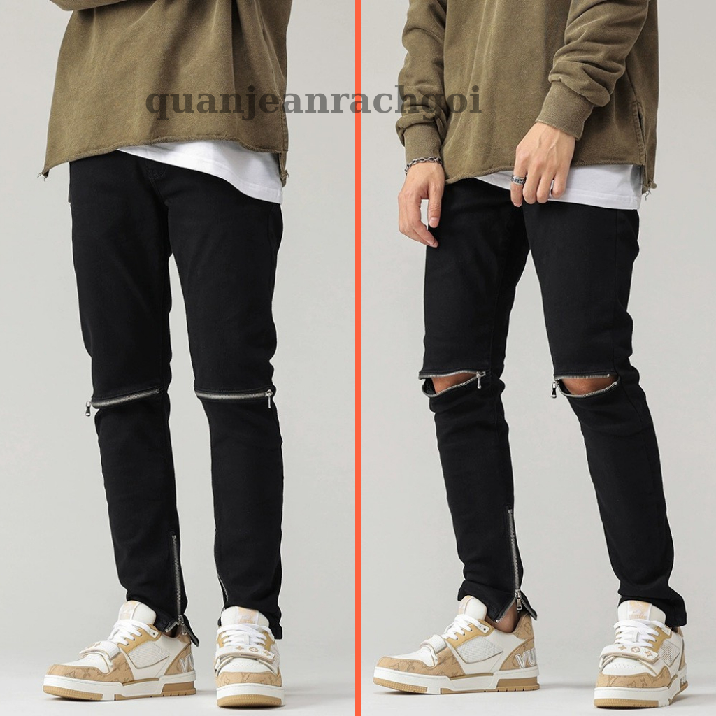 Quần Jean Nam Màu Đen Khóa Gối Khóa khóa gấu Form Ôm – Form Slim Fit, Chất Jean Dày Đẹp