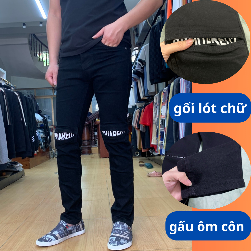 Quần Jean Nam Màu Đen Khóa Gối Khóa khóa gấu Form Ôm – Form Slim Fit, Chất Jean Dày Đẹp
