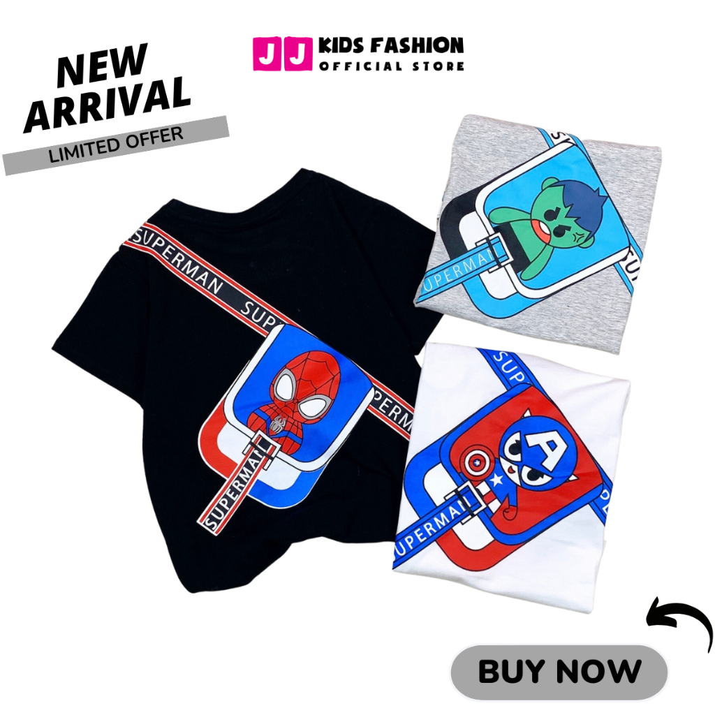 Áo thun ngắn tay mùa hè cho bé trai, bé gái cổ tròn in hình siêu Anh Hùng dễ thương JJ Kids Fashion