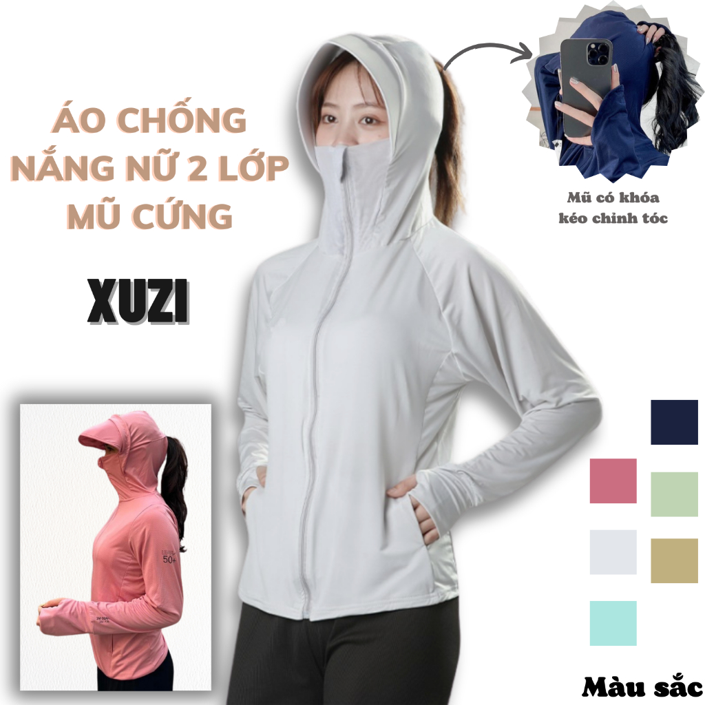 Áo chống nắng nữ 2 lớp mũ cứng áo khoác chống nắng thân ngắn vải thông hơi chống tia UV bảo vệ toàn thân tốt nhà XUZI.