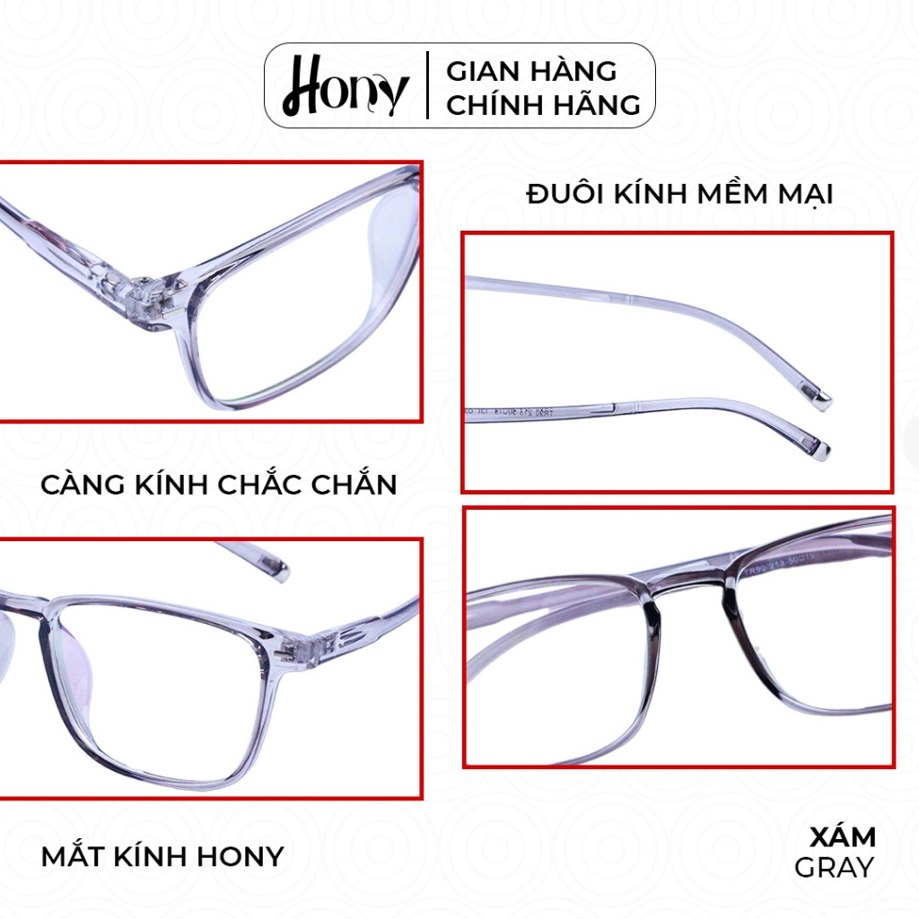 Mắt kính Unisex thời trang HONY - Gọng nhựa TR90 xám form chữ nhật thời trang