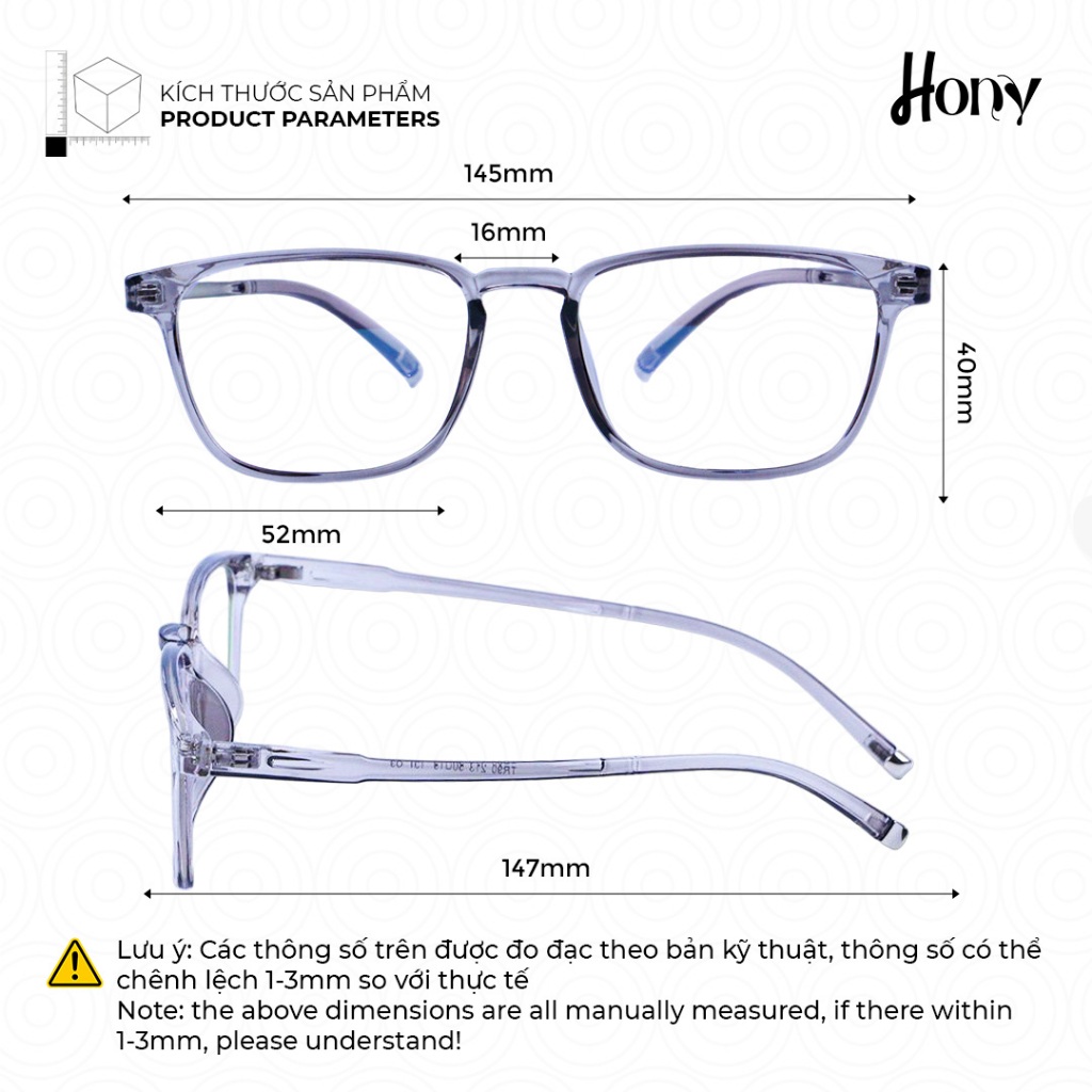 Mắt kính Unisex thời trang HONY - Gọng nhựa TR90 xám form chữ nhật thời trang