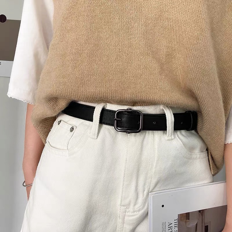 Thắt lưng da nữ nam unisex mặt vuông đen 2.3cm dày dặn ulzzang - dây nịt da nam nữ da mặt vuông thời trang Hàn Quốc hori