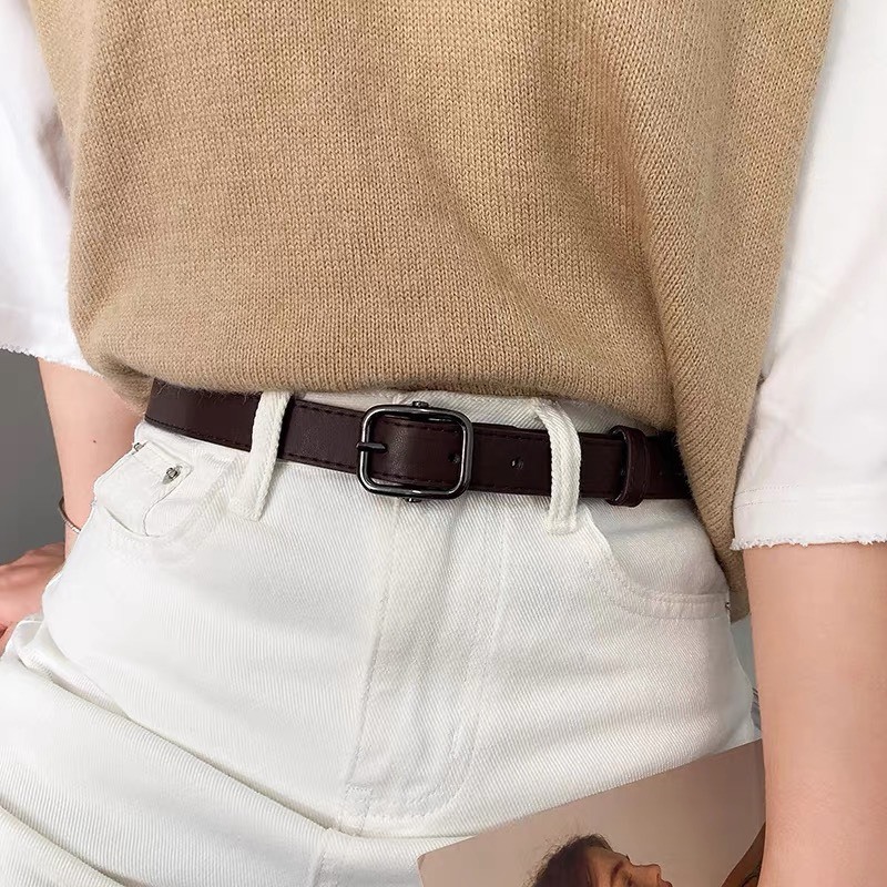 Thắt lưng da nữ nam unisex mặt vuông đen 2.3cm dày dặn ulzzang - dây nịt da nam nữ da mặt vuông thời trang Hàn Quốc hori
