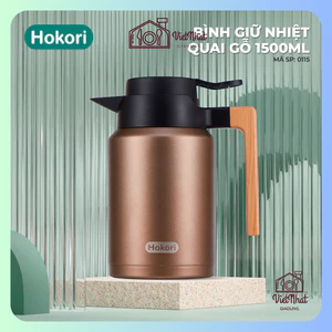 Bình Giữ Nhiệt Quai Gỗ 1.5L Hokori 0115, Bình trà inox giữ nhiệt 1.5L Việt Nhật có quai cầm