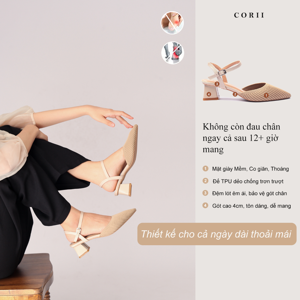 CORII - Giày Sandal Cao Gót Bít Mũi Gót Vuông 4cm BST The Grace Thời Trang và Thoải Mái Nhất - CR6TN42 Kem