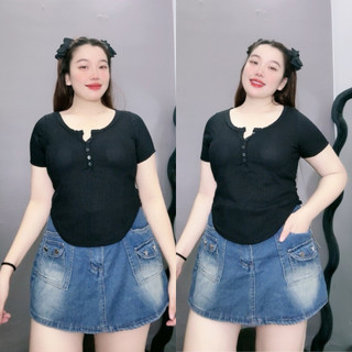 Áo thun bigsize nữ tay ngắn cổ tròn vạt bầu chất gân tăm mịn mát cho nàng mũm mĩm - G13