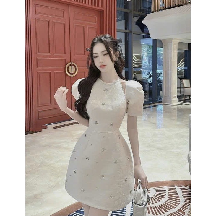 [ HÀNG THẬT 100%]Đầm dự tiệc nữ tiểu thư khoét vai đính đá sang trọng