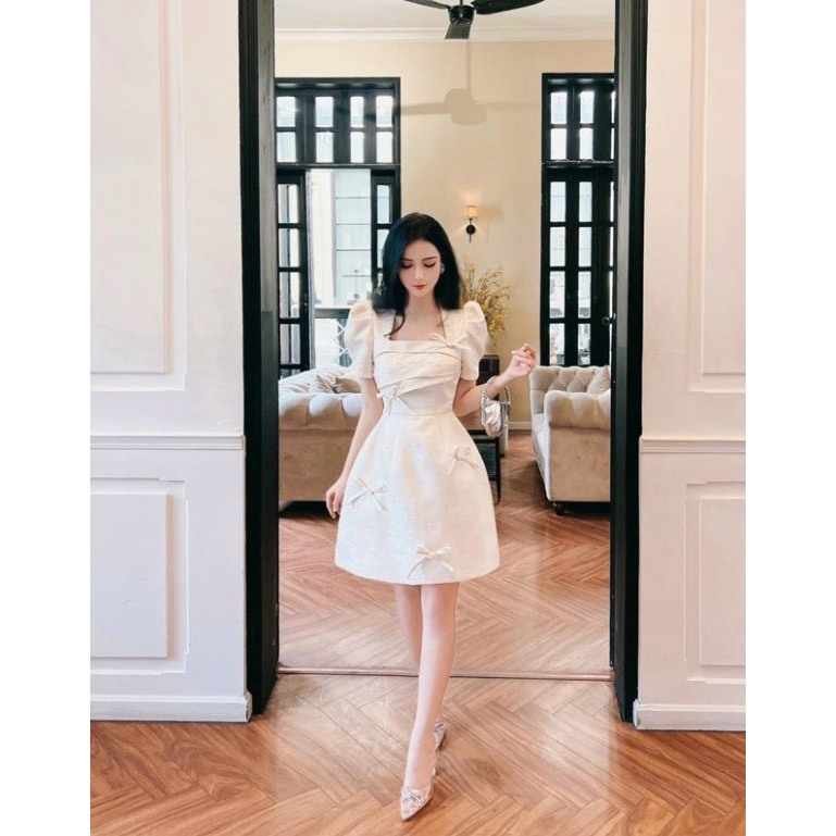 [ HÀNG THẬT 100%]Đầm dự tiệc nữ form a cổ vuông xếp li đính nơ tiểu thư