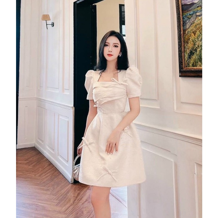 [ HÀNG THẬT 100%]Đầm dự tiệc nữ form a cổ vuông xếp li đính nơ tiểu thư