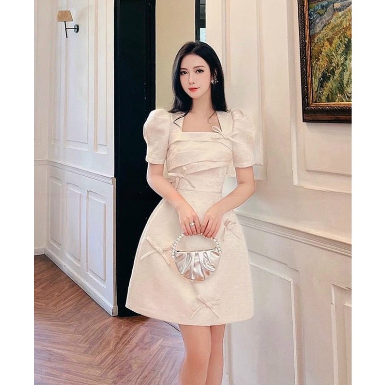 [ HÀNG THẬT 100%]Đầm dự tiệc nữ form a cổ vuông xếp li đính nơ tiểu thư