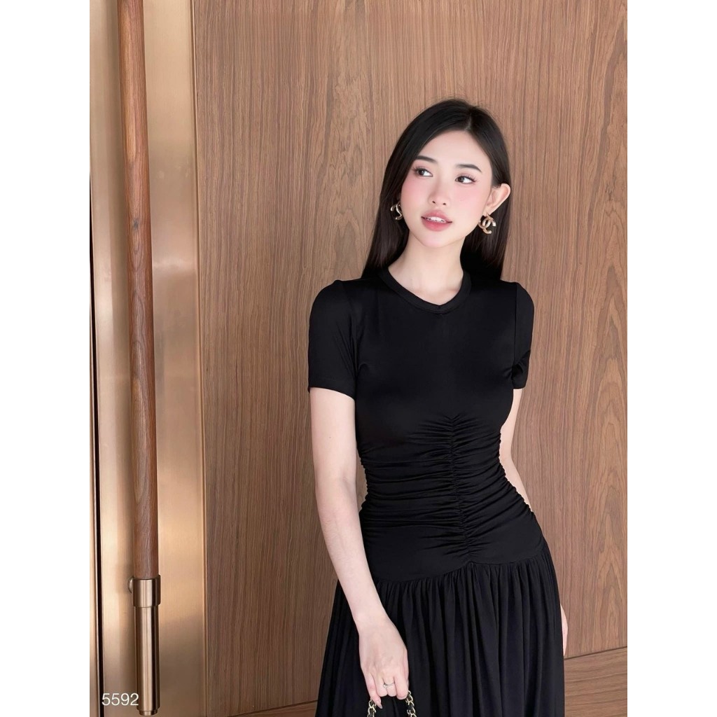 [ HÀNG THẬT 100%]Đầm dạo phố dự tiệc nữ thun dài nơ chiết eo cv dập ly tôn dáng