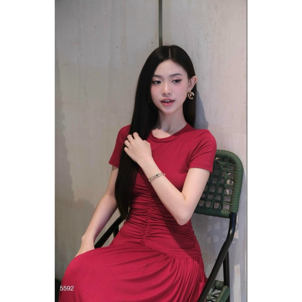 [ HÀNG THẬT 100%]Đầm dạo phố dự tiệc nữ thun dài nơ chiết eo cv dập ly tôn dáng