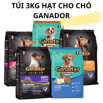 PC185 PETMK TÚI 3KG THỨC ĂN CHO CHÓ HẠT GANADOR NHIỀU VỊ, HẠT CHO CHÓ CON VÀ CHÓ TRƯỞNG THÀNH